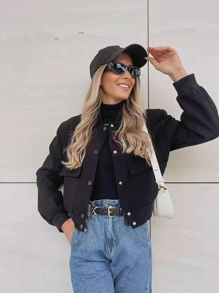 Women's Cropped Leather Bomber in apricot – The Maevora styled view 1