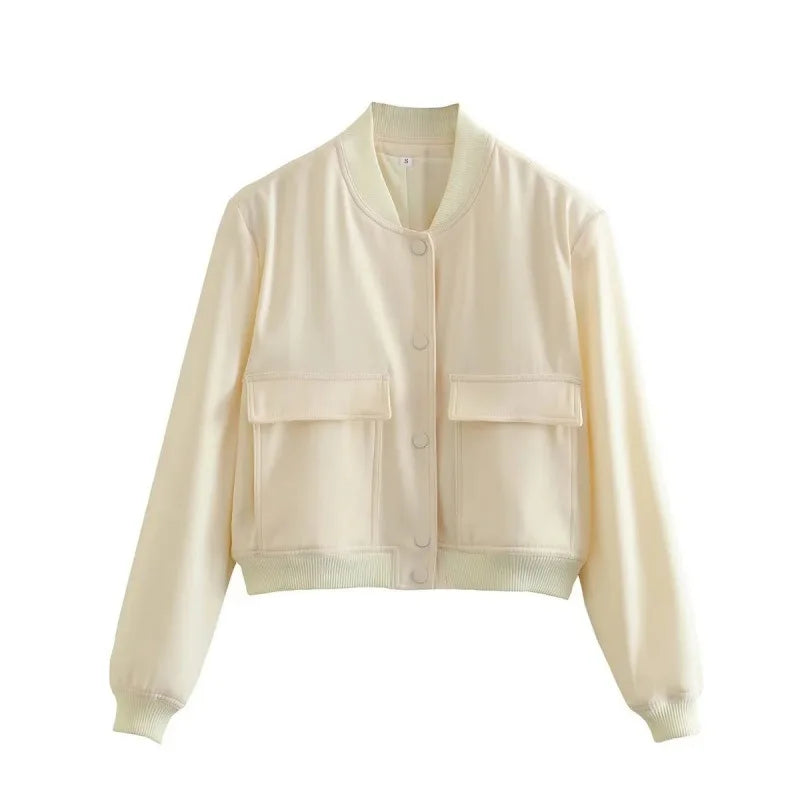 Women's Cropped Leather Bomber in apricot – The Maevora front view 2