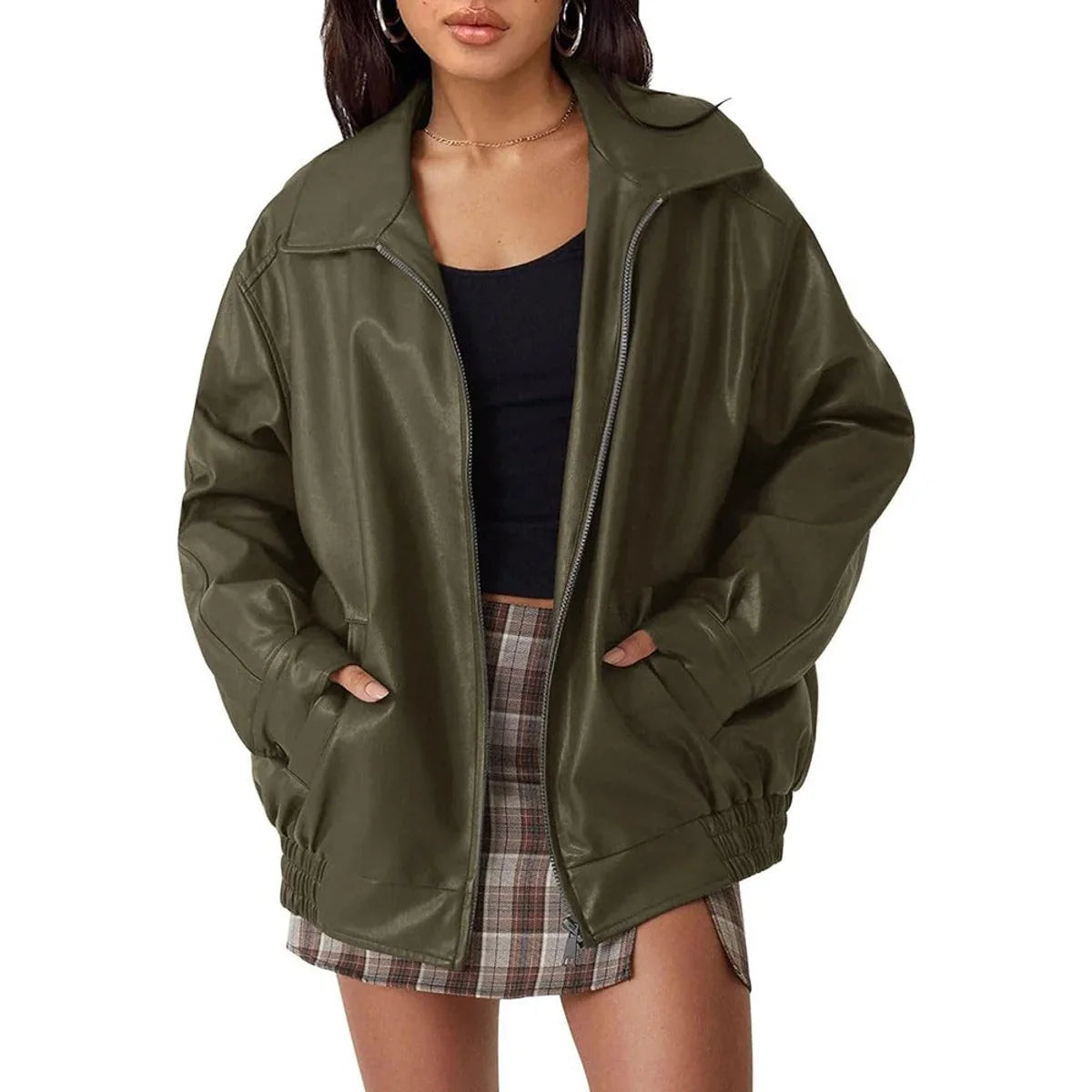 Women's Oversized Leather Bomber in dark brown – The Ysoline side view 1