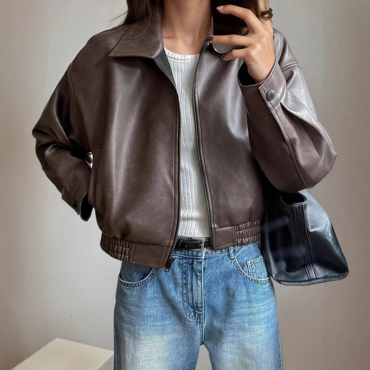 Women's Cropped Brown Leather Jacket in dark brown – The Valessa side view 1