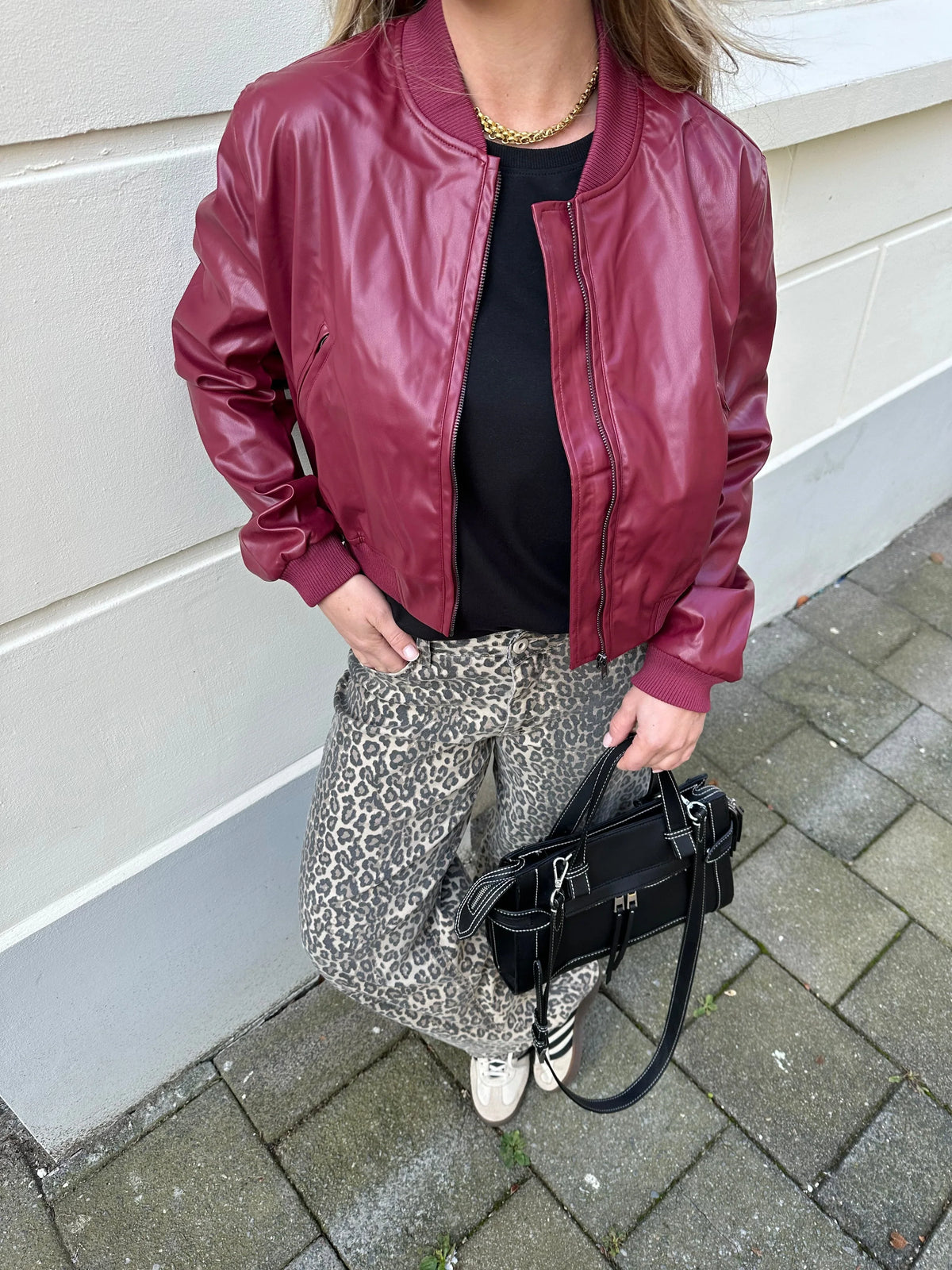 Women's Ribbed Leather Bomber in red – The Miravelle side view 2