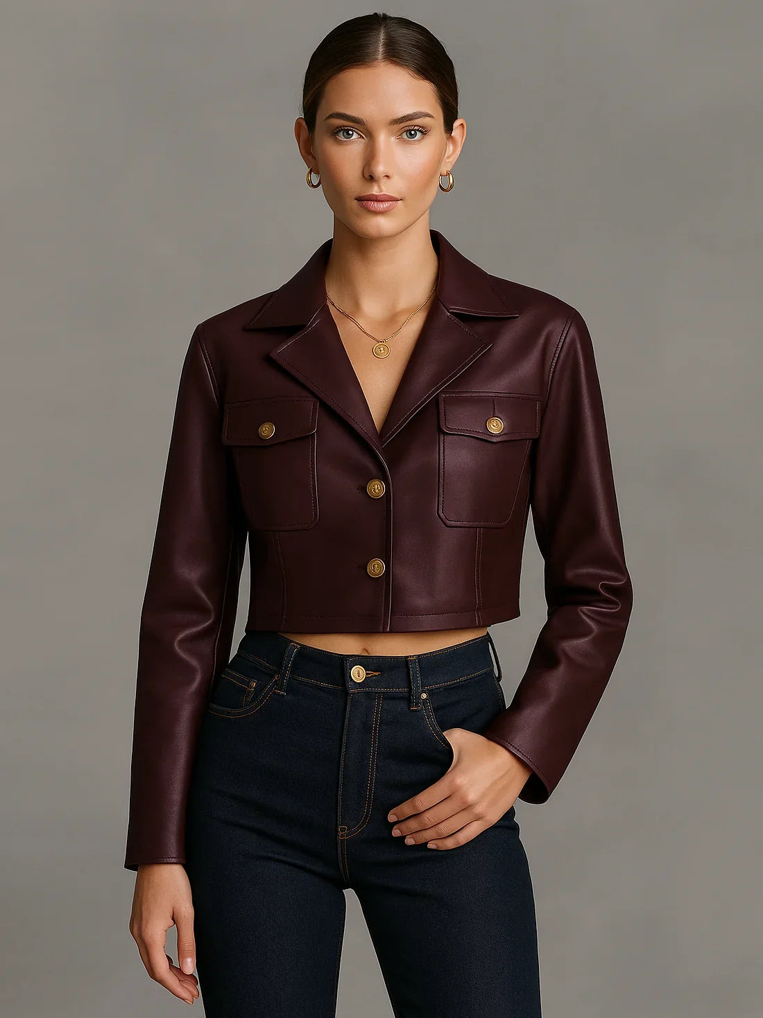 Women's Cropped Leather Jacket in photo color – The Sabrielle detail view 1