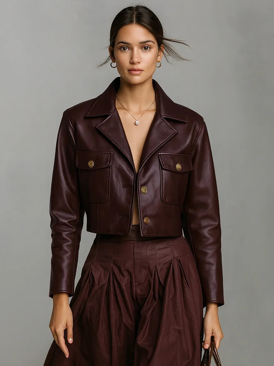 Women's Cropped Leather Jacket in photo color – The Sabrielle back view 1
