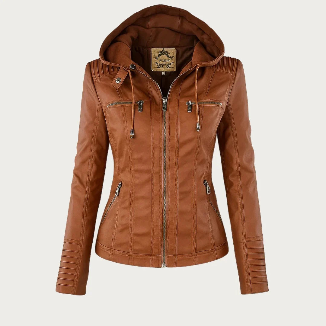 Women's Hooded Leather Jacket in camel – The Rosavie front view 1