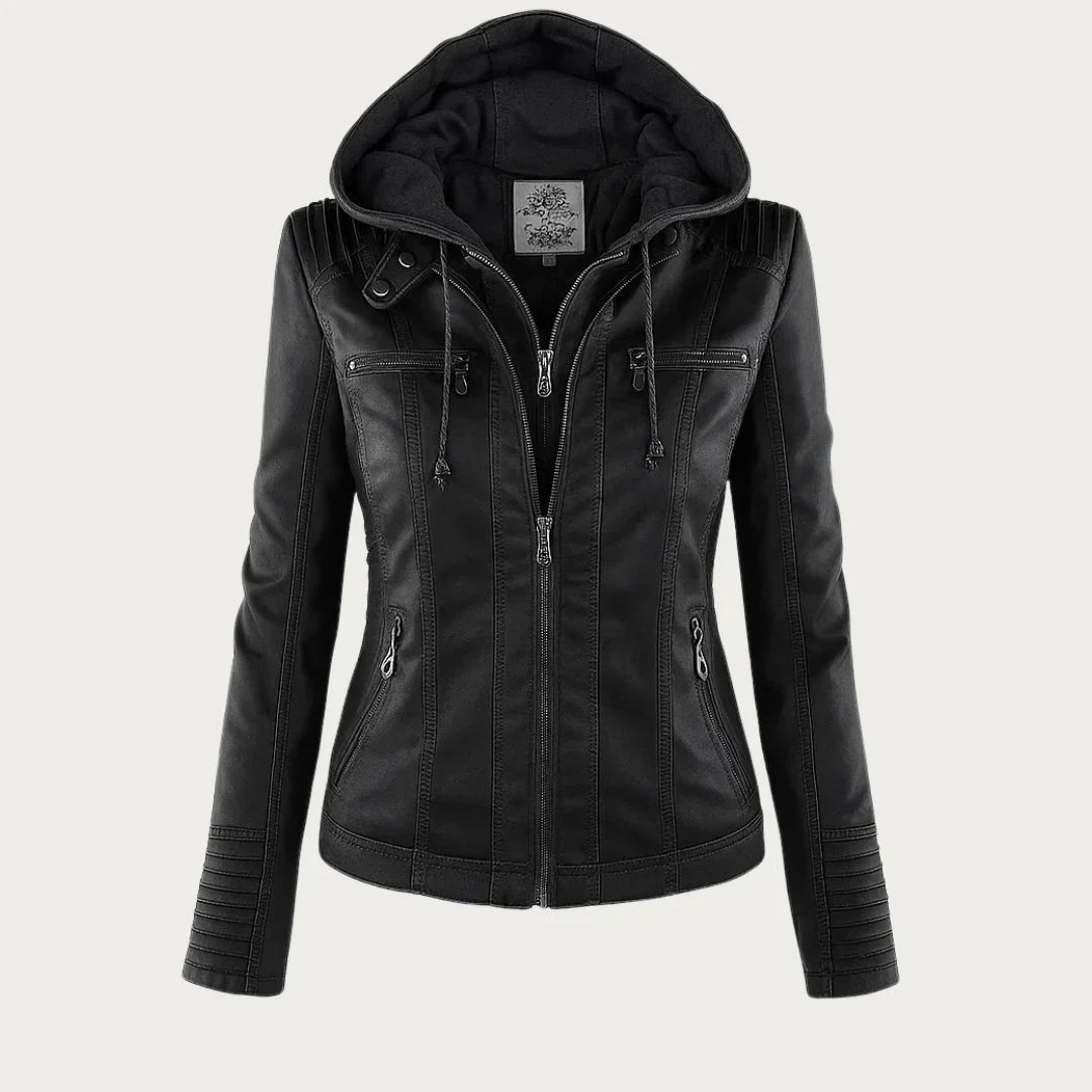 Women's Hooded Leather Jacket in camel – The Rosavie side view 1