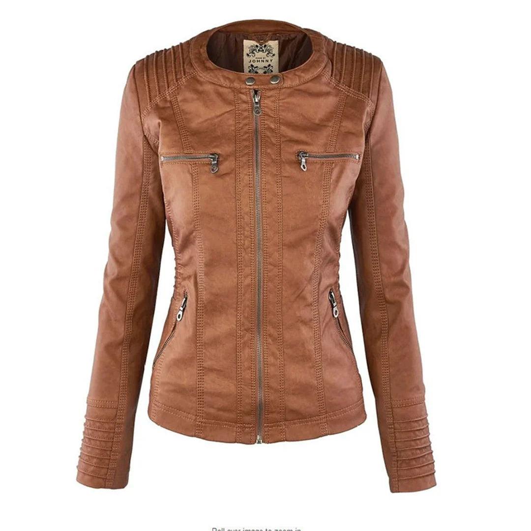 Women's Hooded Leather Jacket in camel – The Rosavie styled view 1