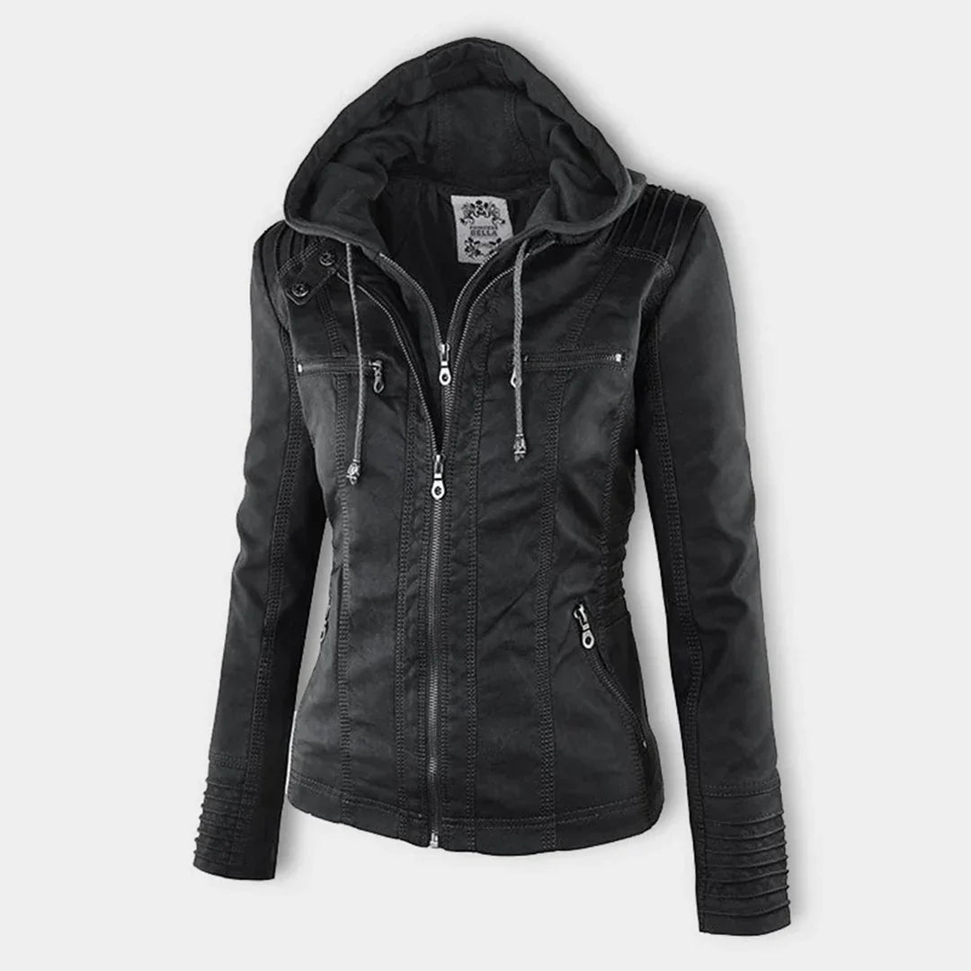 Women's Hooded Leather Jacket in camel – The Rosavie front view 2
