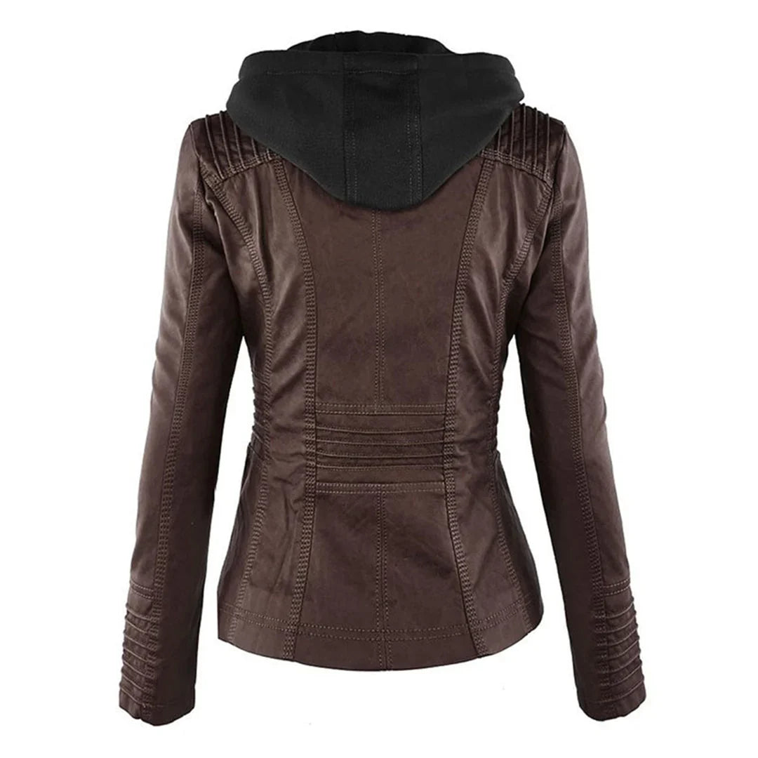 Women's Hooded Leather Jacket in camel – The Rosavie styled view 2