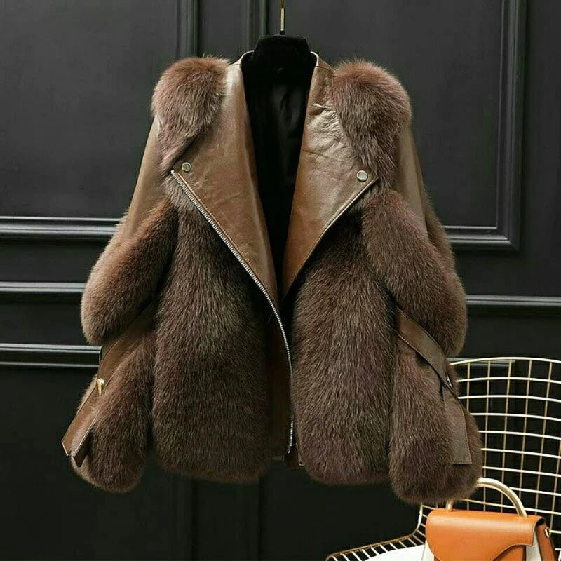 Women's Faux Fur Leather Jacket in light brown – The Aureline side view 1
