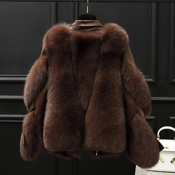 Women's Faux Fur Leather Jacket in light brown – The Aureline styled view 1