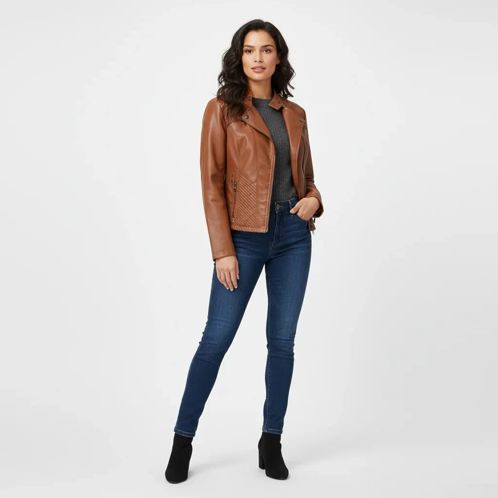 Women's Quilted Moto Jacket in black – The Tavienne detail view 1