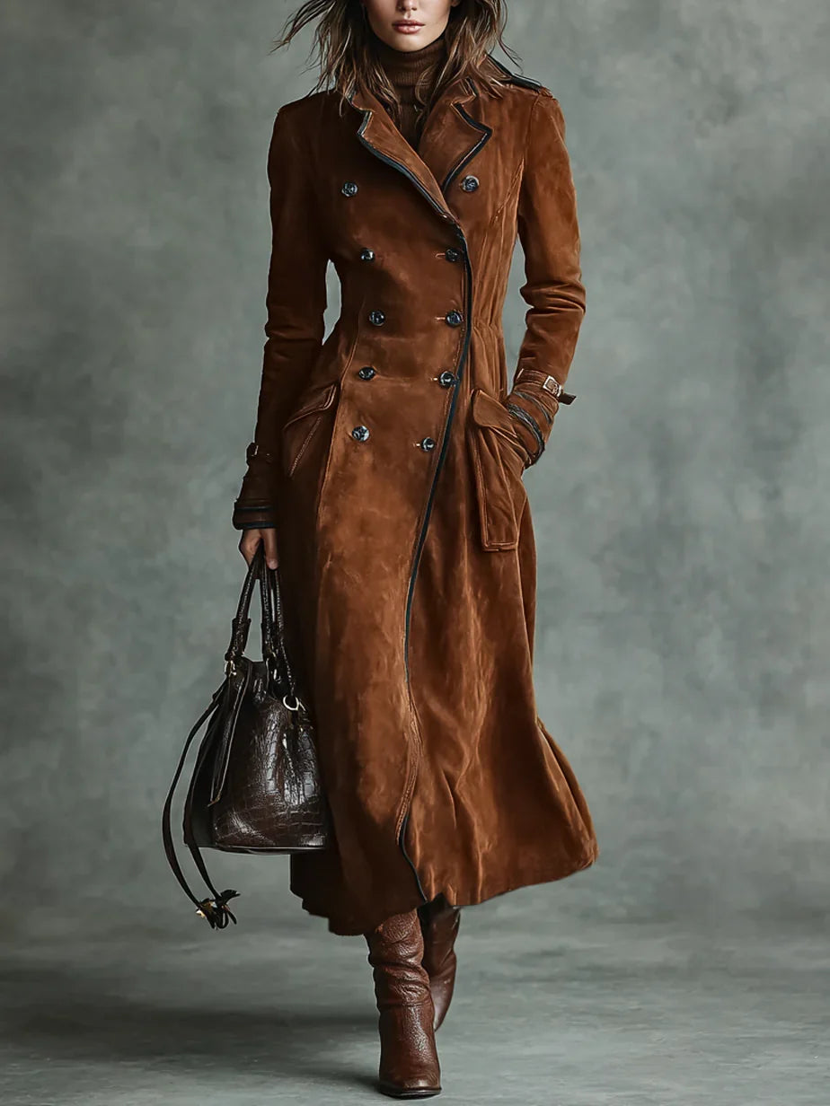 Women's Long Suede Trench Coat in dark brown – The Isavelle front view 1
