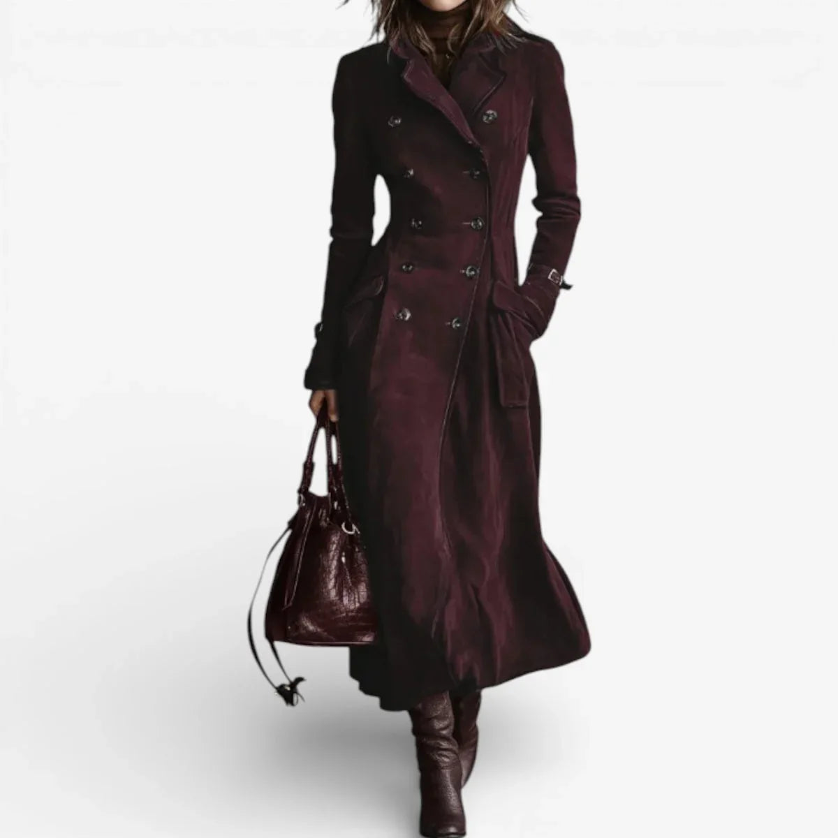 Women's Suede Trench Coat in brown – The Calienne side view 1