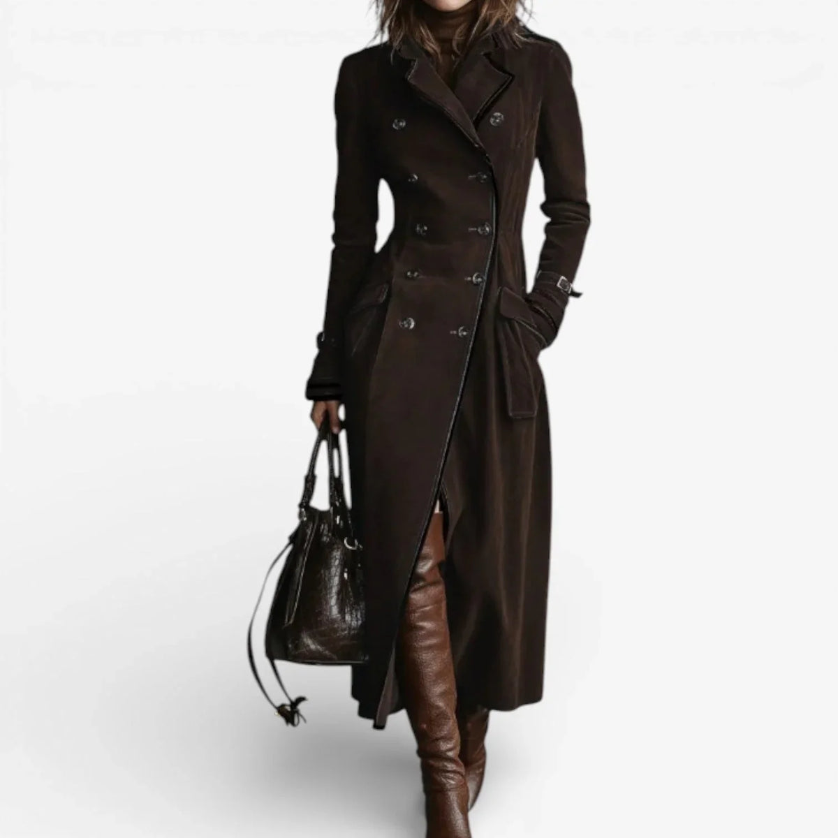 Women's Suede Trench Coat in brown – The Calienne detail view 1