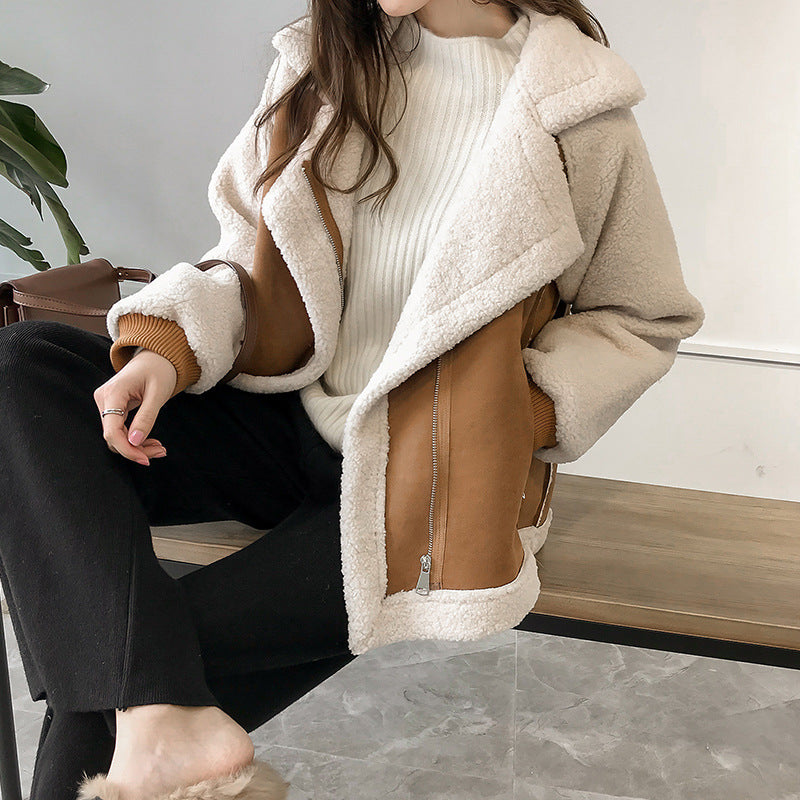 Women's Faux Shearling Coat UK – zip-up turn-down collar, view 3