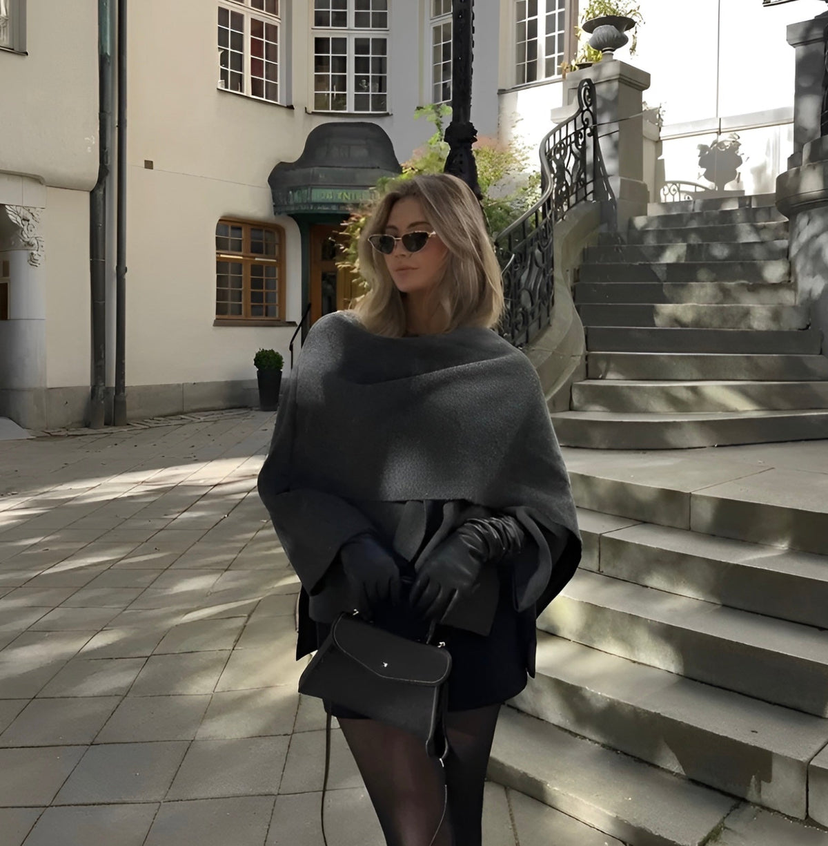 Women's Knit Cape Coat UK – draped collar layer, view 9