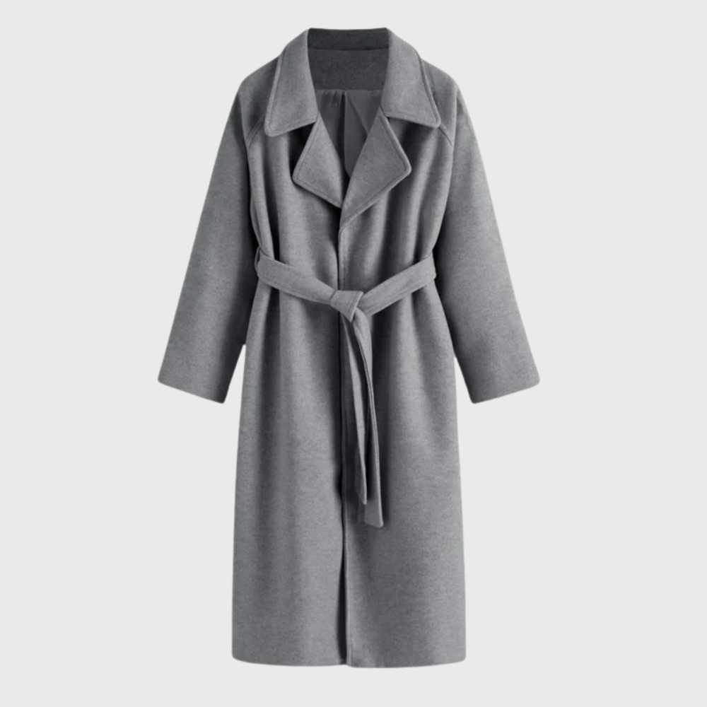Women's Belted Long Coat UK – notched lapel tie waist, view 4