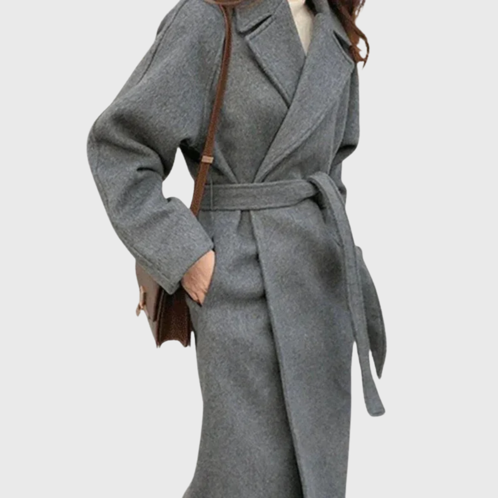Women's Belted Long Coat UK – notched lapel tie waist, view 6