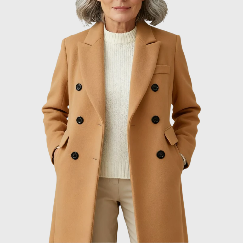 Women's Long Double-Breasted Coat UK – classic notched lapels, view 8