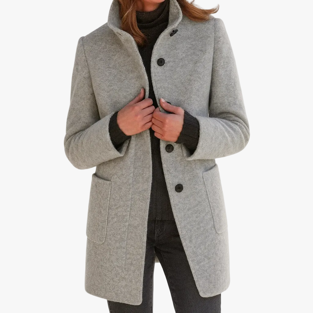Women's Stand Collar Coat UK – patch pocket mid-length, view 1