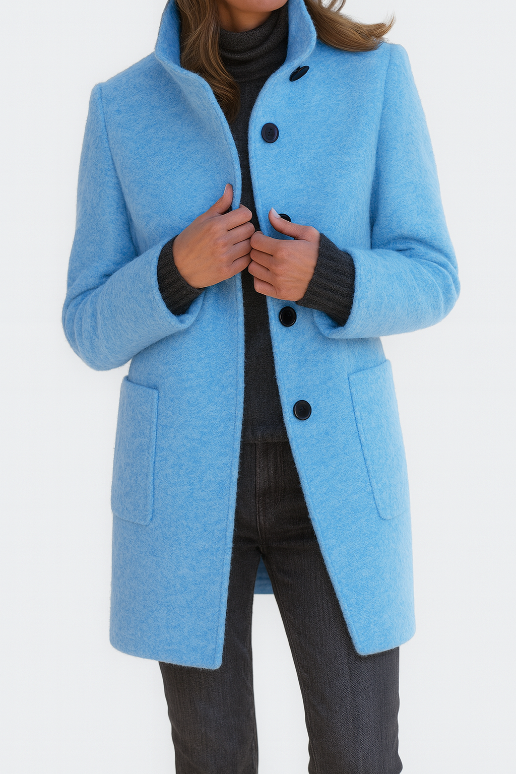 Women's Stand Collar Coat UK – patch pocket mid-length, view 9