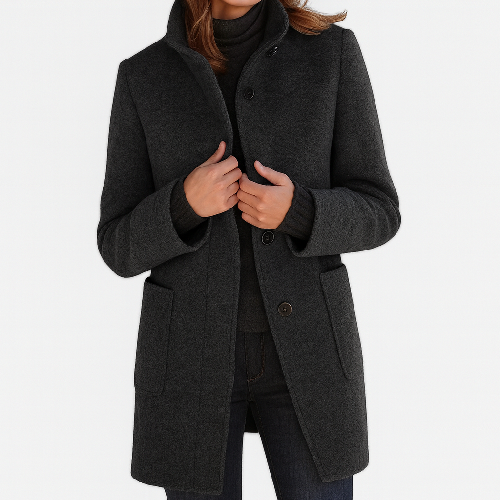 Women's Stand Collar Coat UK – patch pocket mid-length, view 5
