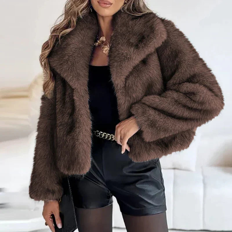Women's Faux Fur Coat UK – shawl collar open front, view 4