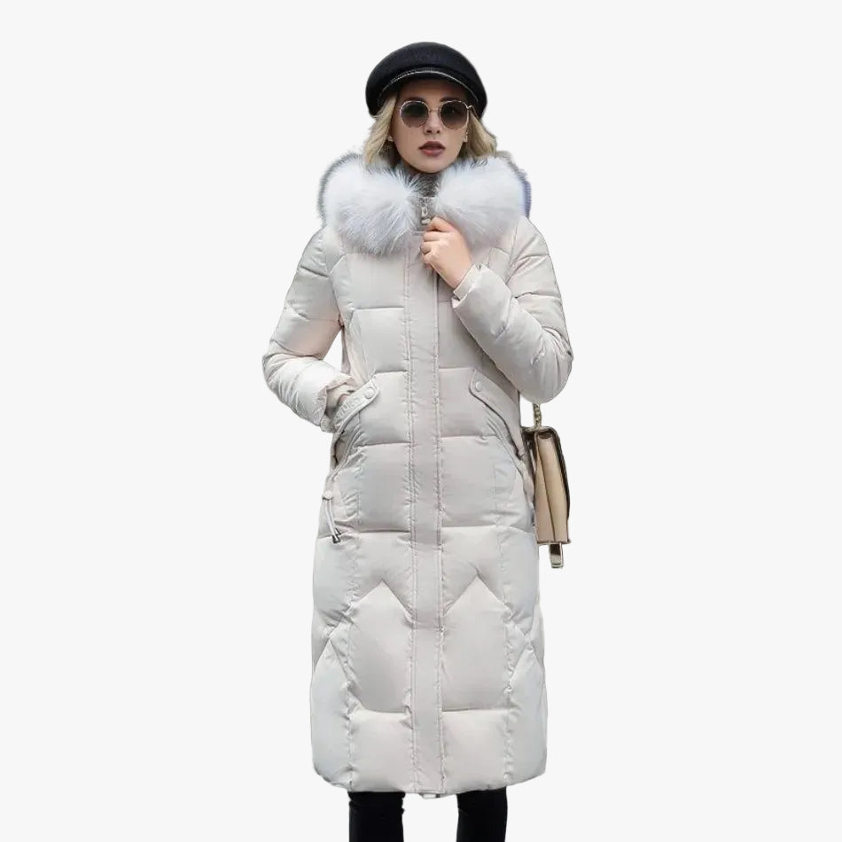 Women's Quilted Long Coat UK – faux-fur hood zip pockets, view 1