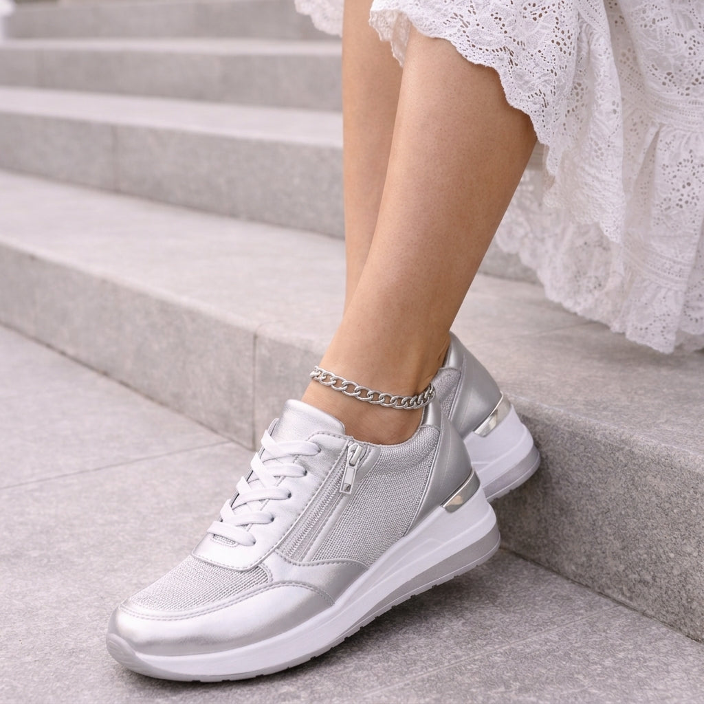 Women's Leather Platform Trainers – side zip lace-up, view 2 | The Faustine | Huna