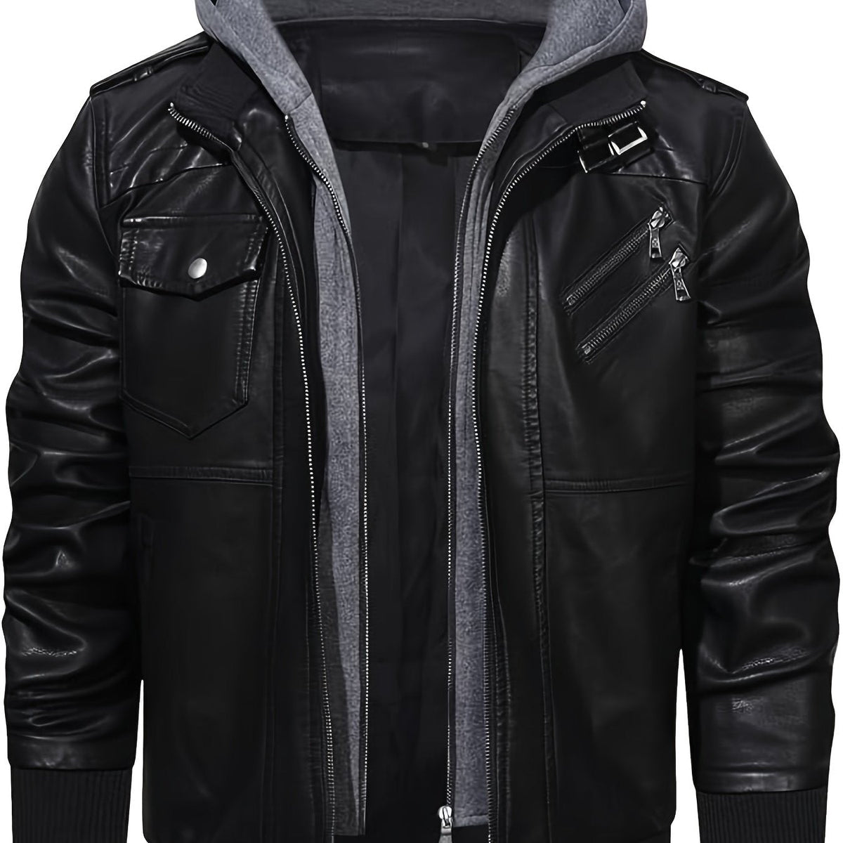 Men's hooded pu leather moto jacket – The Winston by Huna – view 1