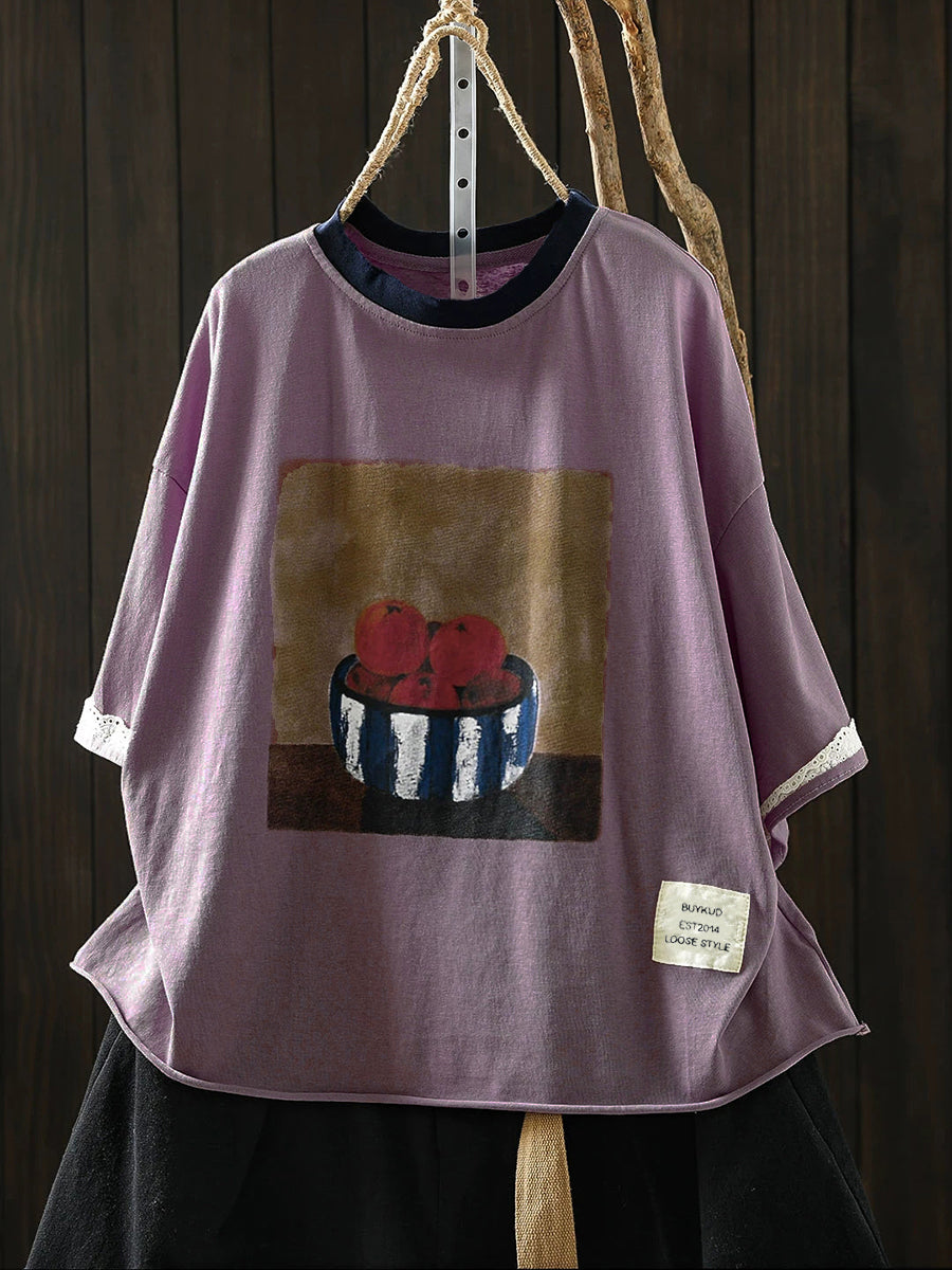 Women's Plus Size Printed Cotton T-Shirt – round neck casual top, view 1 | The Odelia | Huna
