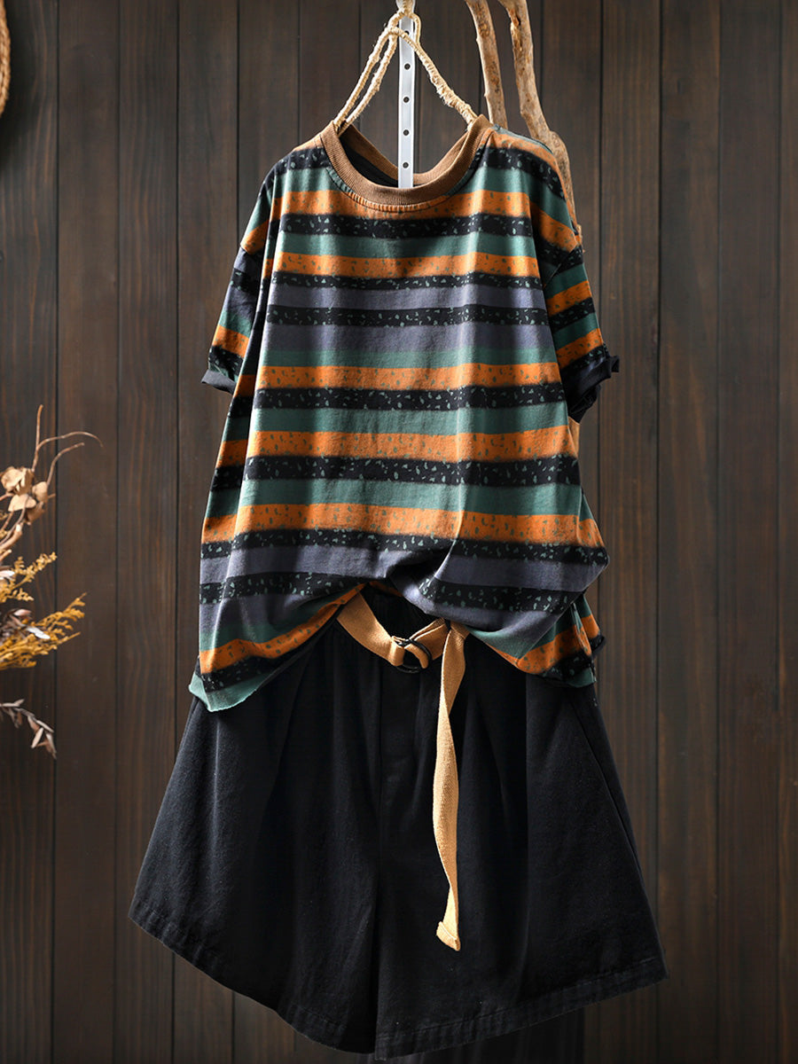 Women's Plus Size Colourblock Cotton Top – striped crew neck, view 6 | The Ismerie | Huna