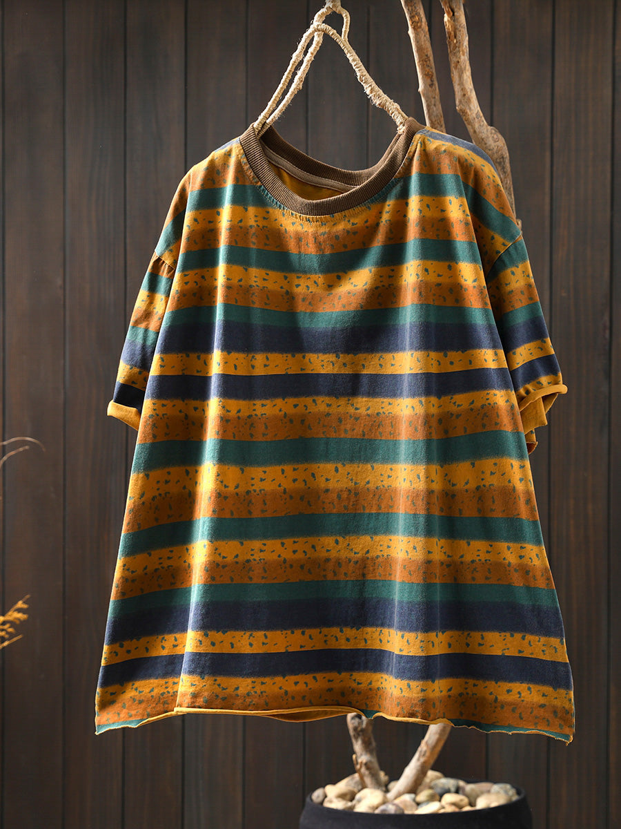 Women's Plus Size Colourblock Cotton Top – striped crew neck, view 7 | The Ismerie | Huna