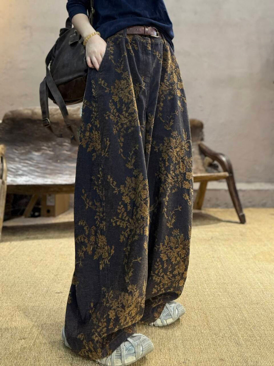 Women's Plus Size Floral Wide Leg Trousers – cotton elastic waist, view 4 | The Linette | Huna