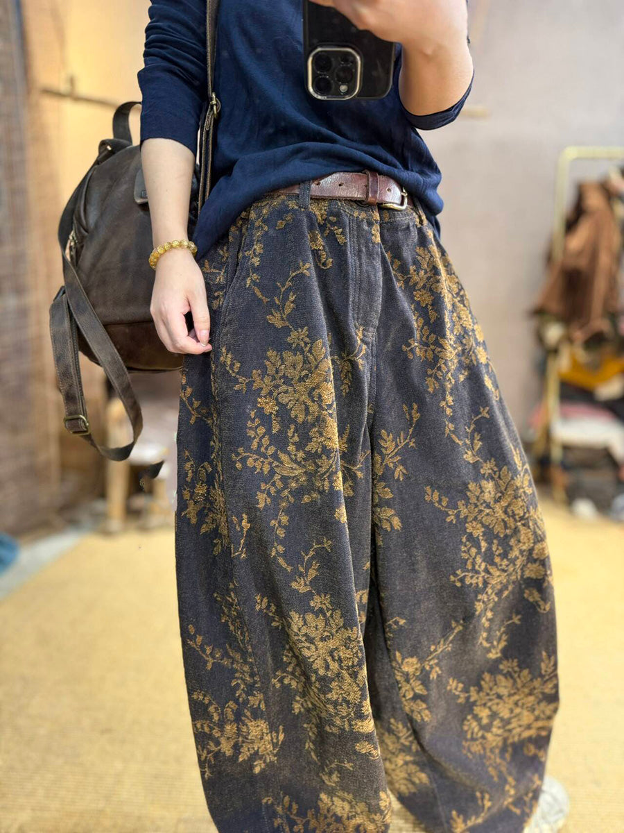Women's Plus Size Floral Wide Leg Trousers – cotton elastic waist, view 5 | The Linette | Huna