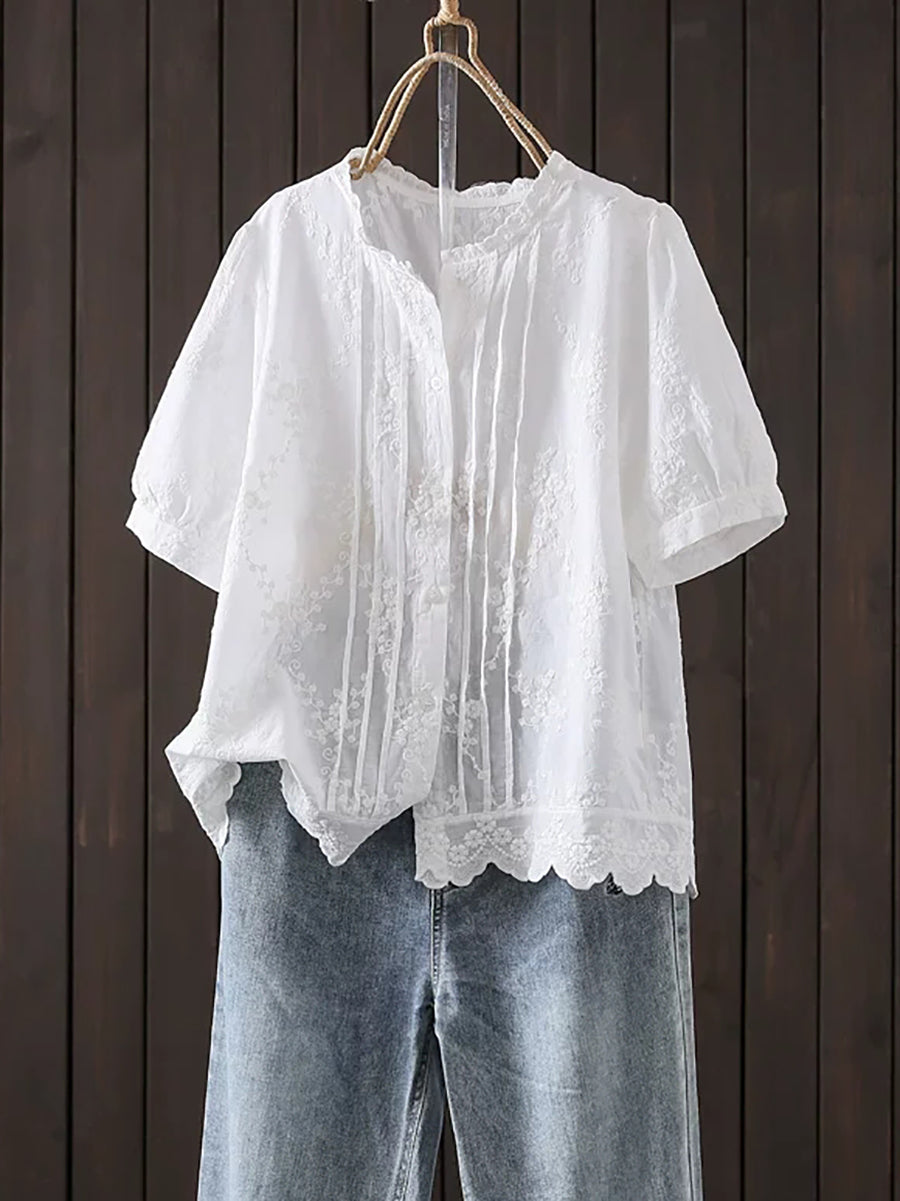 Women's Plus Size Embroidered Cotton Top – stand collar colourblock, view 1 | The Tanith | Huna