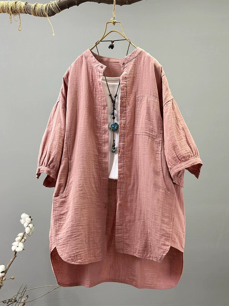 Women's Plus Size Stand Collar Cotton Top – striped sleeve choice, view 12 | The Zorina | Huna