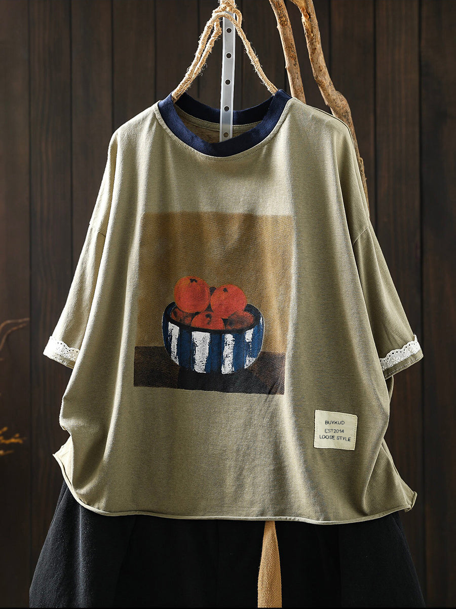 Women's Plus Size Printed Cotton T-Shirt – round neck casual top, view 4 | The Odelia | Huna