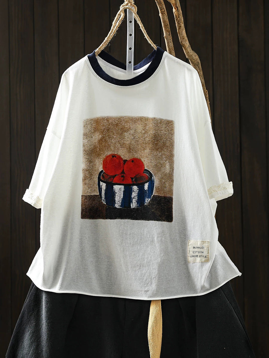 Women's Plus Size Printed Cotton T-Shirt – round neck casual top, view 7 | The Odelia | Huna