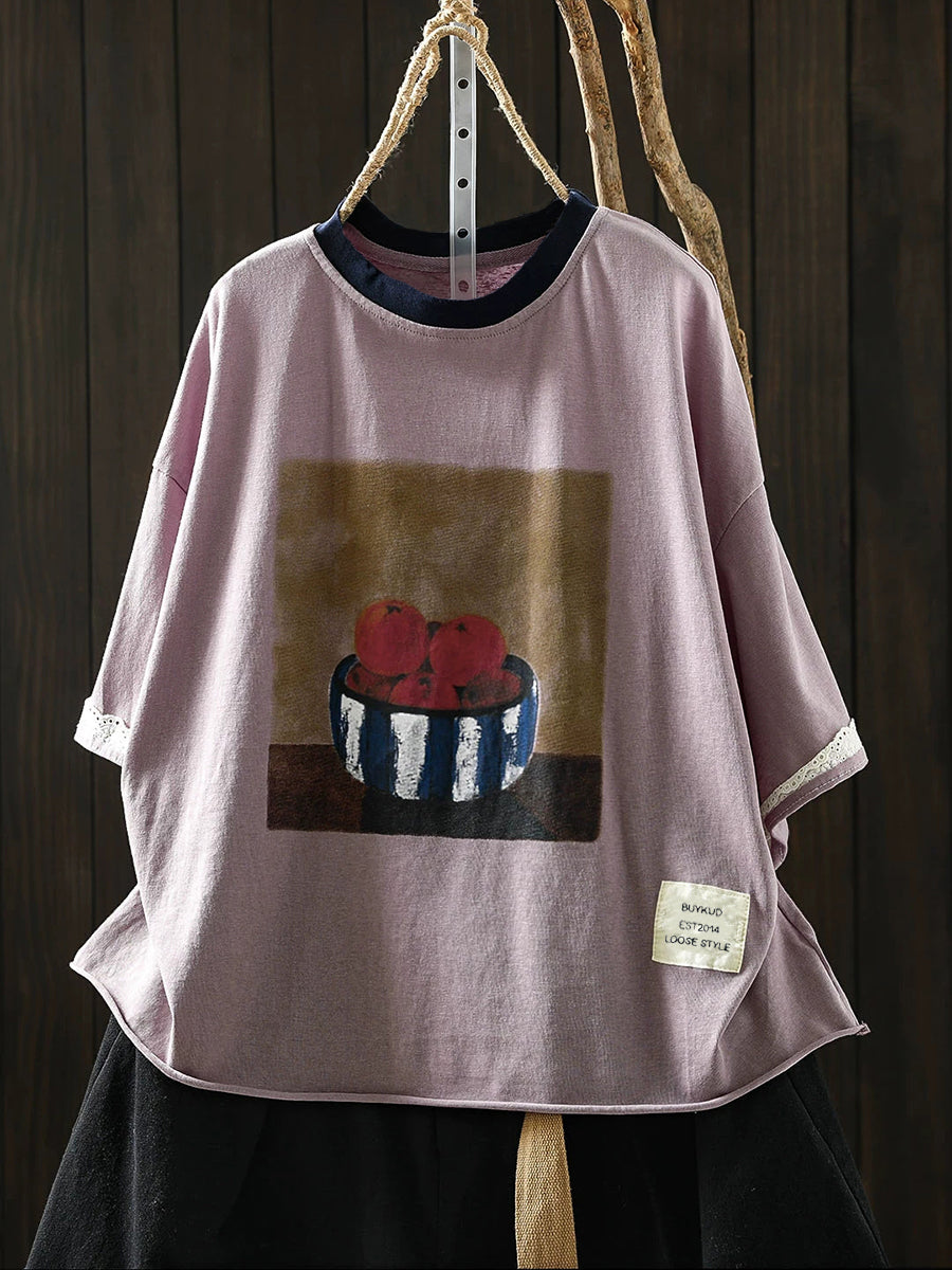 Women's Plus Size Printed Cotton T-Shirt – round neck casual top, view 9 | The Odelia | Huna