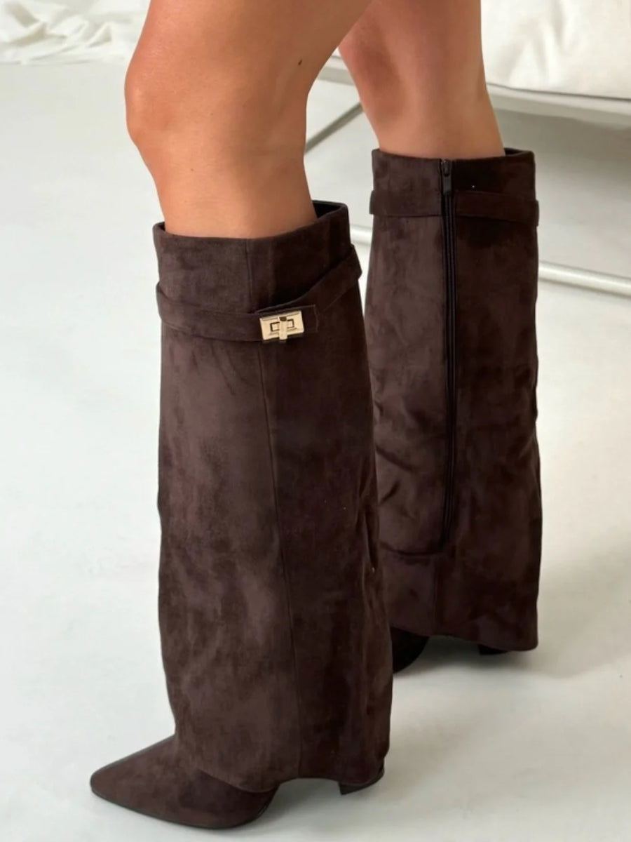 Women's Suede-Look Fold-Over Boots – pointed toe golden detail, view 13 | The Honora | Huna