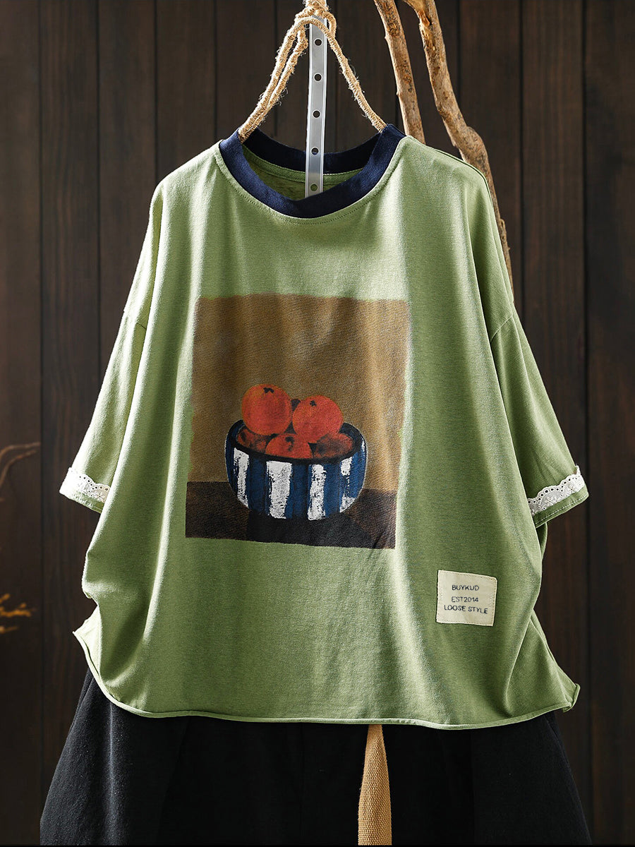 Women's Plus Size Printed Cotton T-Shirt – round neck casual top, view 2 | The Odelia | Huna