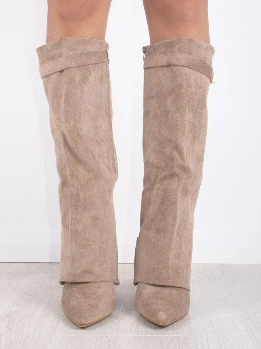 Women's Suede-Look Fold-Over Boots – pointed toe golden detail, view 8 | The Honora | Huna