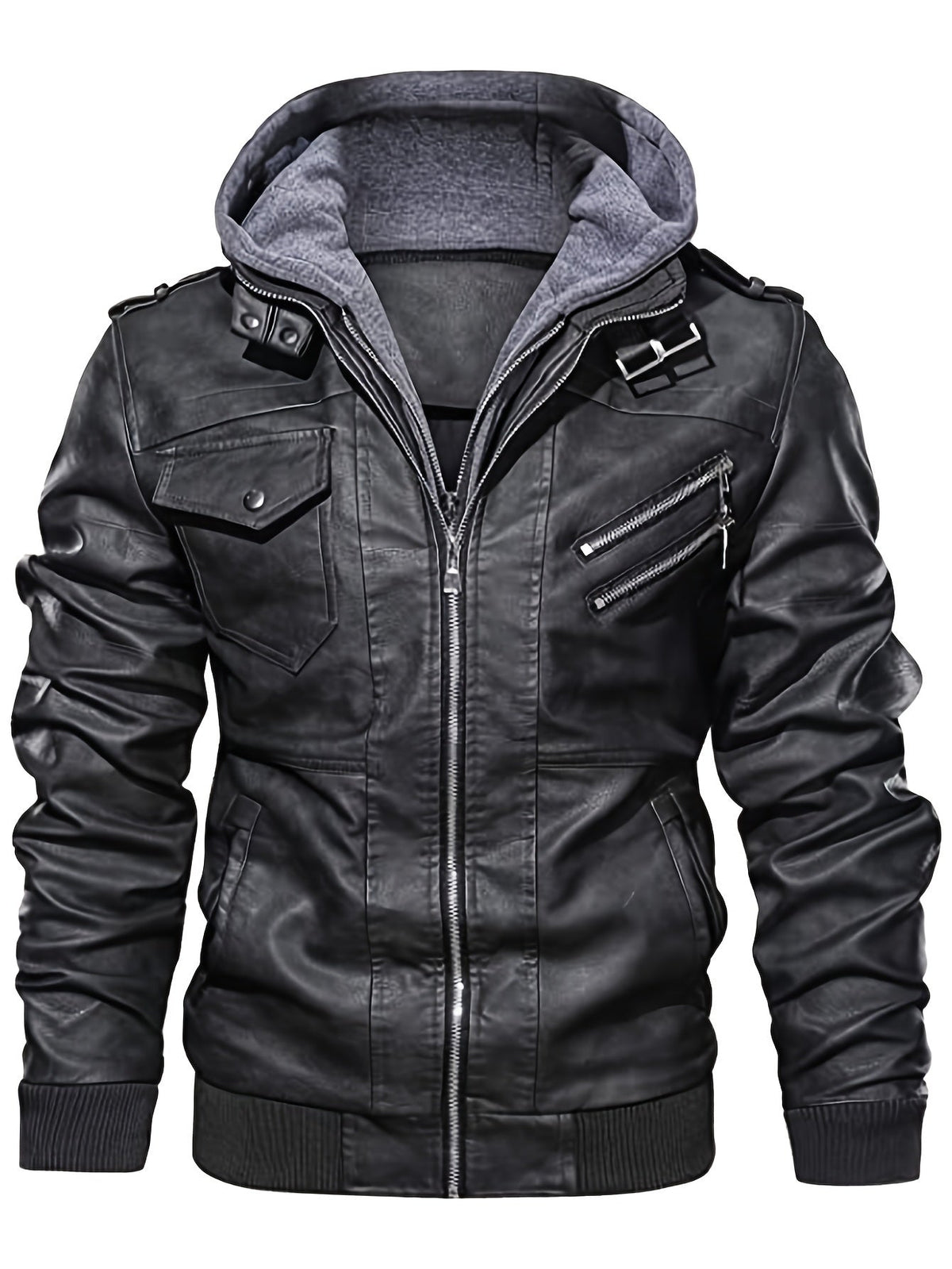 Men's hooded pu leather biker jacket – The Roderick by Huna – view 2