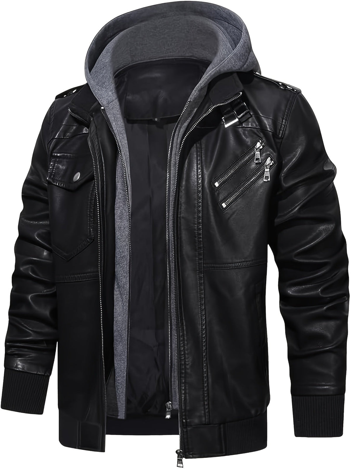 Men's hooded pu leather moto jacket – The Winston by Huna – view 5