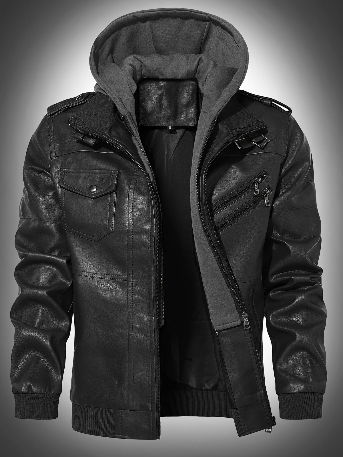 Men's hooded pu leather biker jacket – The Roderick by Huna – view 7