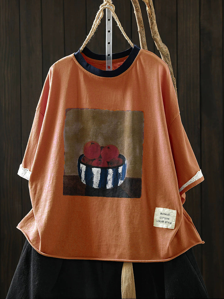 Women's Plus Size Printed Cotton T-Shirt – round neck casual top, view 3 | The Odelia | Huna