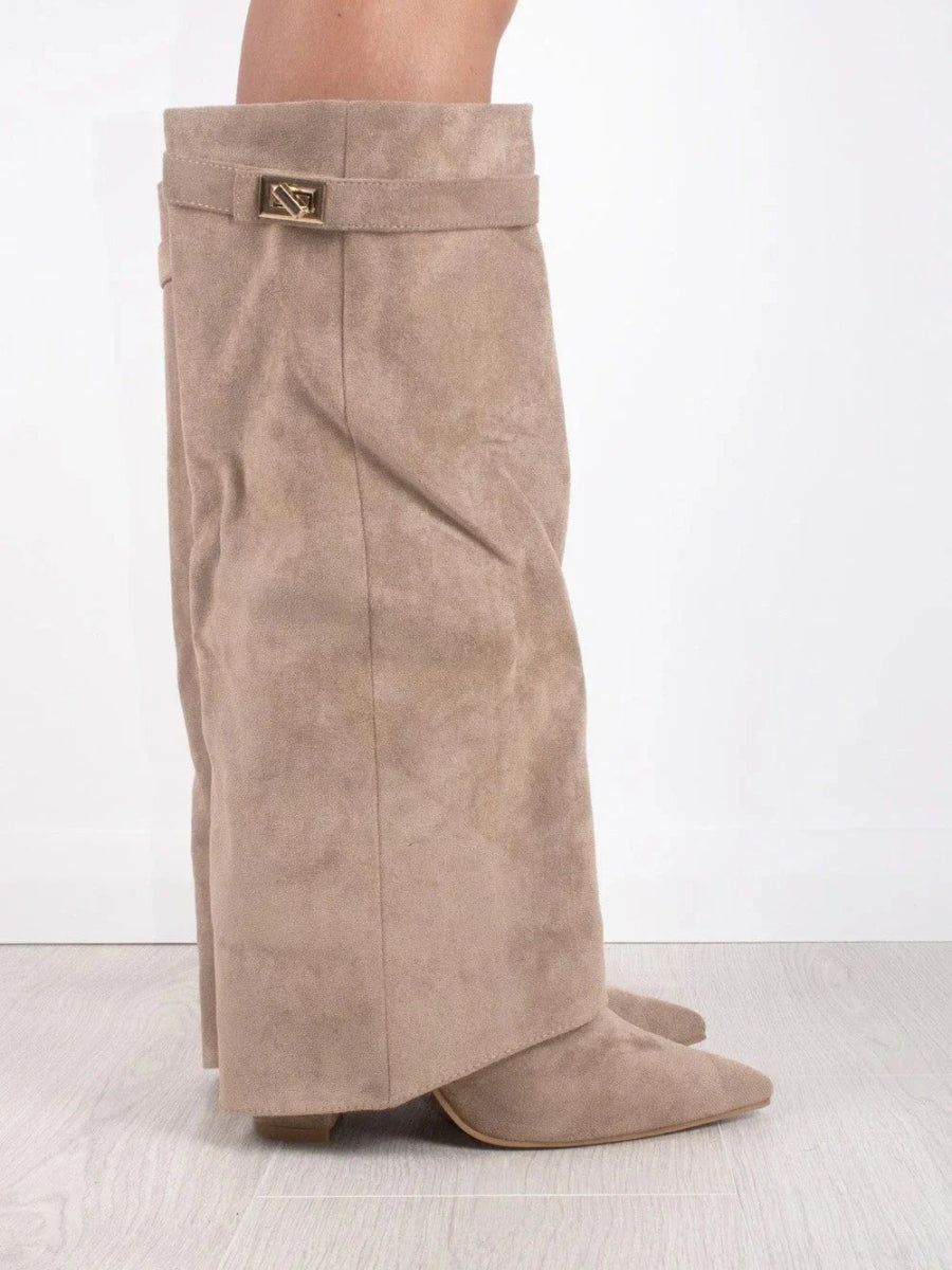 Women's Suede-Look Fold-Over Boots – pointed toe golden detail, view 10 | The Honora | Huna