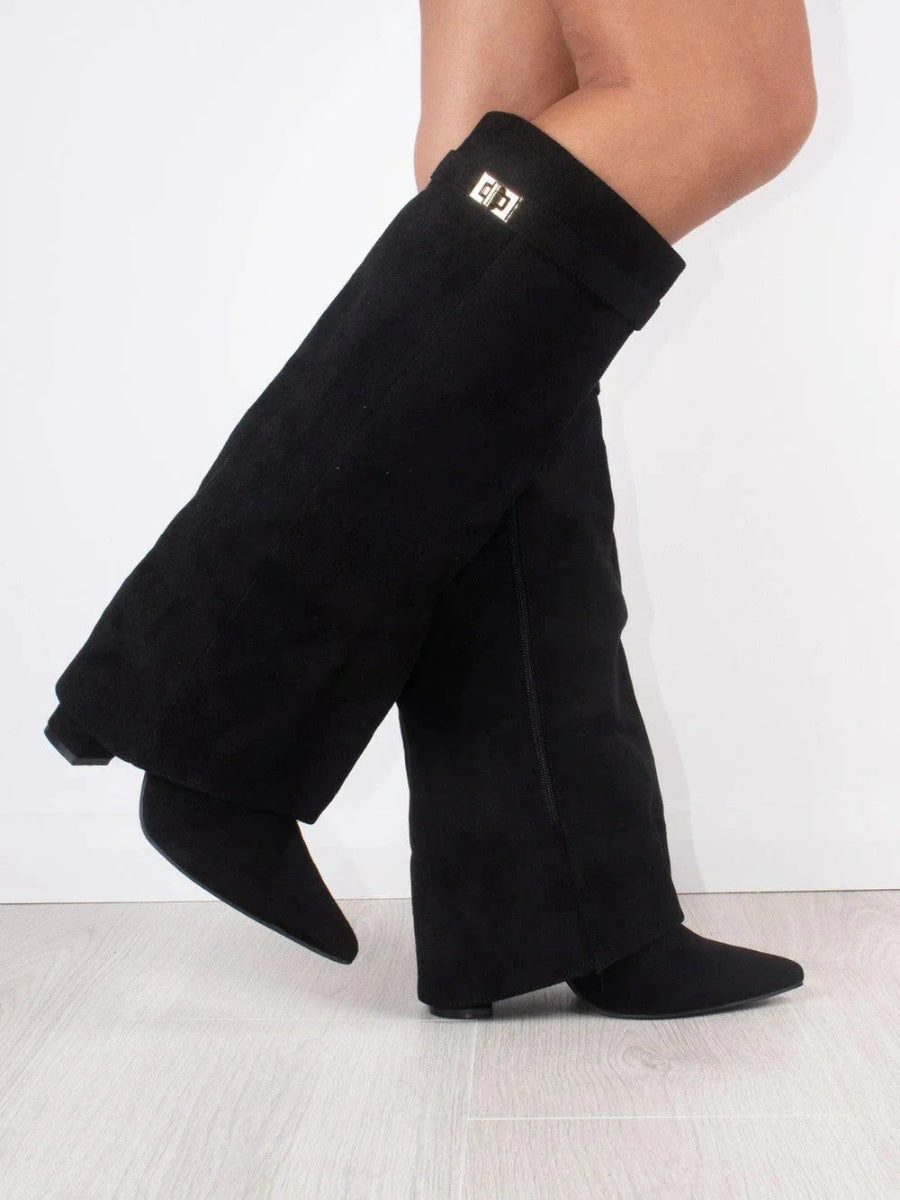 Women's Suede-Look Fold-Over Boots – pointed toe golden detail, view 4 | The Honora | Huna