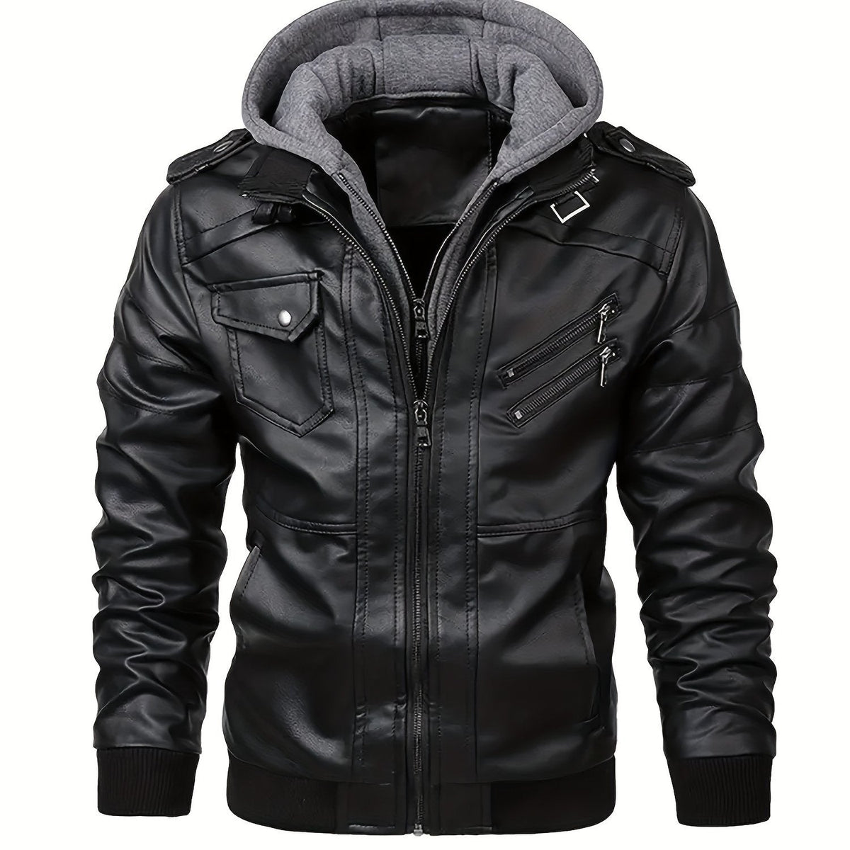 Men's hooded pu leather jacket – The Maddox by Huna – view 1